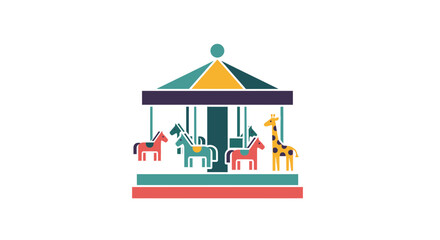 Obraz premium Carousel Ride with Animals Vector Illustration featuring a Colorful Fairground Merry-Go-Round for Children Entertainment and Amusement Park Design