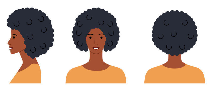 Afro hairstyle flat vector front back profile views, curly hair shape volume composition for avatar, beauty app, interface, fashion illustration
