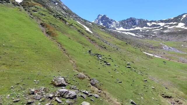 Kackar Mountains Turkey u shaped valley with stream and green meadows spans treeless alpine terrain. Glacial basin, grassy slopes, broad uplands define a remote highland landscape clear light.