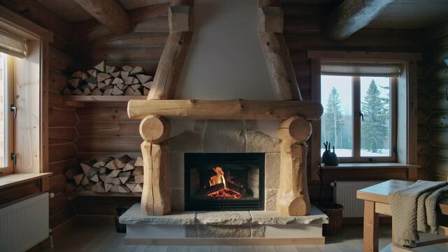 Cozy rustic log cabin interior with burning stone fireplace and winter view