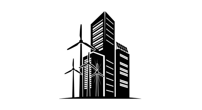 Wind Turbines and City Buildings.