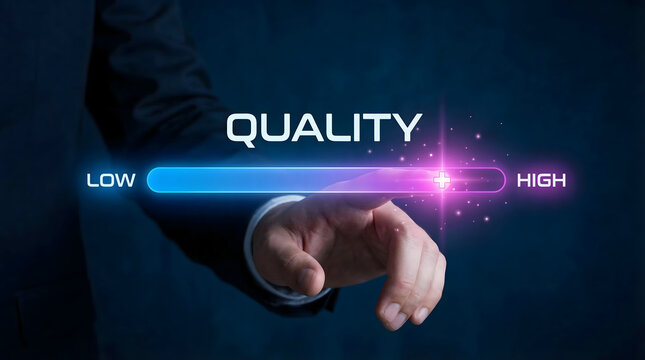 Human hand adjusting a glowing virtual quality slider from low to high on a dark background demonstrating improvement