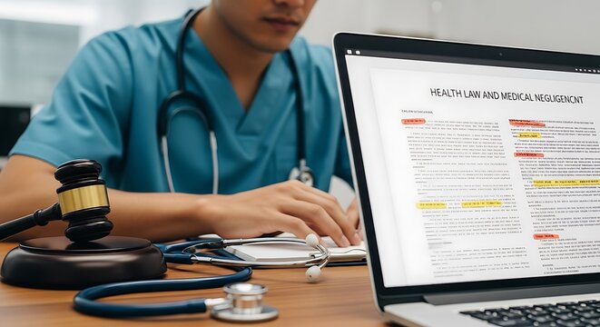 Medical Malpractice Law - Doctor Reviewing Legal Documents on Laptop.