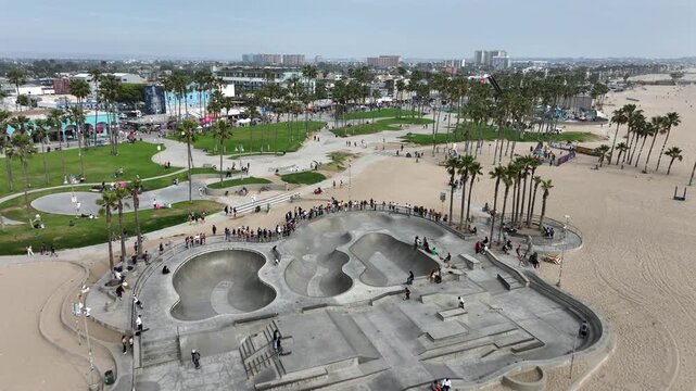 Venice Beach, California, USA - Aerial View of Boardwalk Next to Skate Park, With Tourists Walking at the Marvin Braude Bike Trail on a Cloudy Day