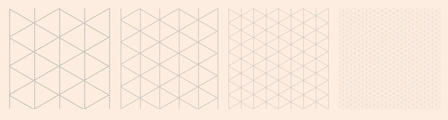 Fototapeta premium Square grid collection dotted isometric geometry, four samples blueprint style. Triangle lattice structure, interface layouts editorial compositions planning sheets dashboards digital technology.