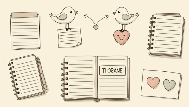 Hand drawn illustration of love birds and various notebooks.