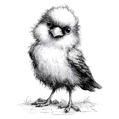 Fototapeta premium A cute little chick with fluffy feathers stands on a stone surface looking directly at the viewer with a curious and slightly mischievous expression.