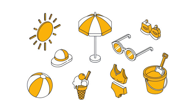 Isometric Summer Beach Vacation Essentials Collection with Sun and Accessories.
