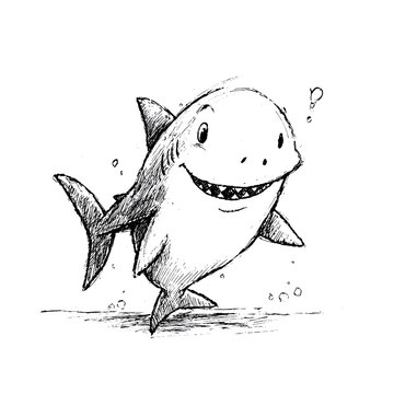 A charming hand drawn illustration depicts a happy cartoon shark swimming playfully with a cheerful grin on its face in black and white ink drawing.