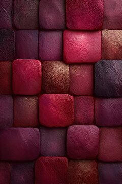 Monochrome deep plum tile surface with rounded squares and subtle height differences showing rhythmic highlights in raking light
