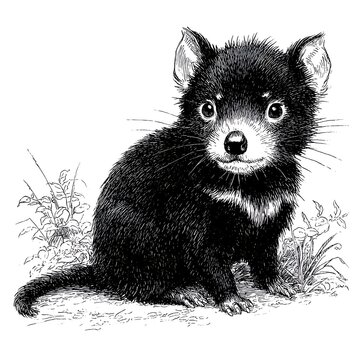 An intricate black and white illustration portrays a cute Tasmanian devil sitting amongst foliage with delicate line work and shading detail.