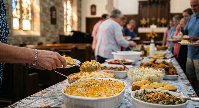 Church potluck meal with community sharing food in fellowship hall