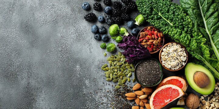 Colorful Fresh Fruit and Vegetable Spread on Dark Stone Surface