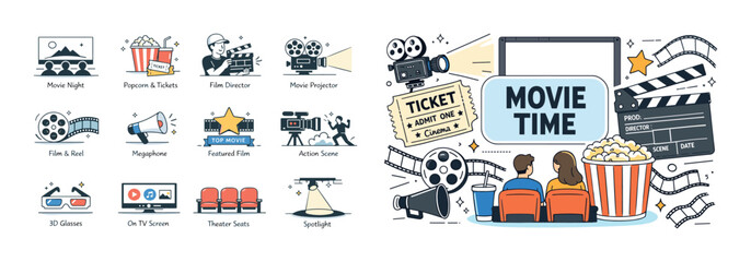 Naklejka premium Collection of cinema and movie icons with popcorn and tickets for movie night
