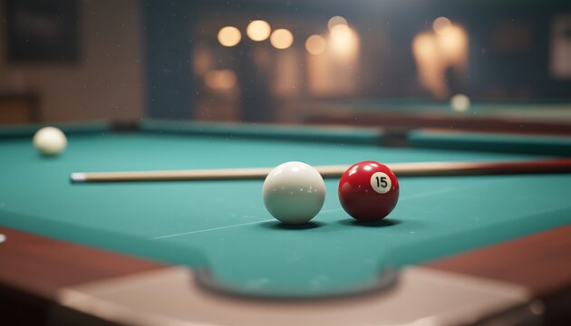 White and Red Pool Balls on a Green Felt Billiard Table in Low Light