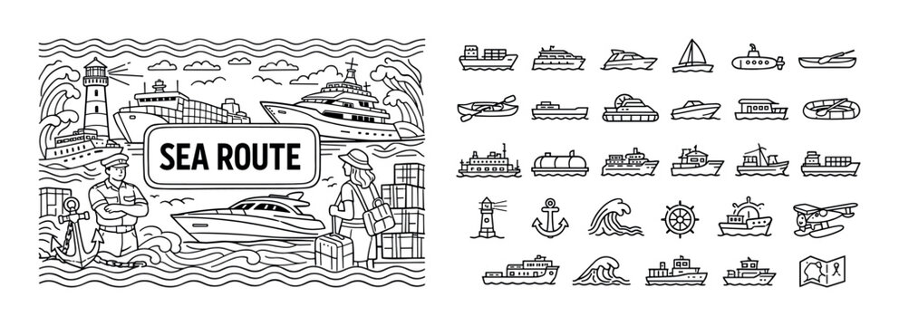 Collection of nautical icons and sea transport illustrations