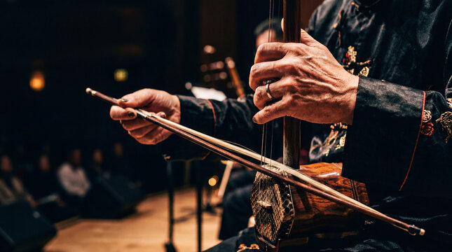 Elegant close-up of Chinese erhu bowing with rich wood grain and dramatic cultural performance lighting.