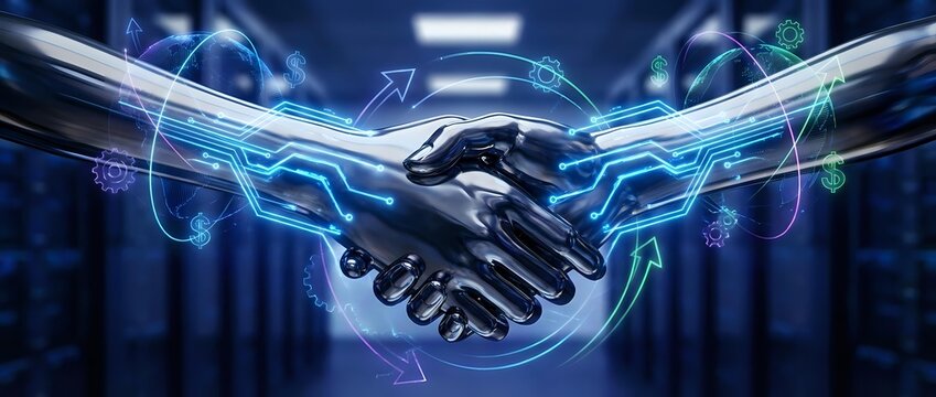 Futuristic handshake between human and robot with glowing digital effects and data streams in high-tech environment for AI collaboration concepts.
