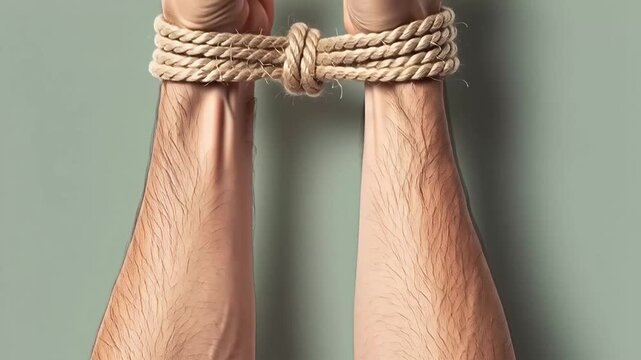 Hands tied with rope against a plain background symbolizing constraint and restriction.