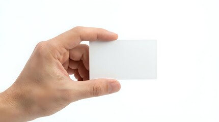 Fototapeta premium Male hand holding blank white business card mockup on isolated background for corporate branding and contact information design templates.