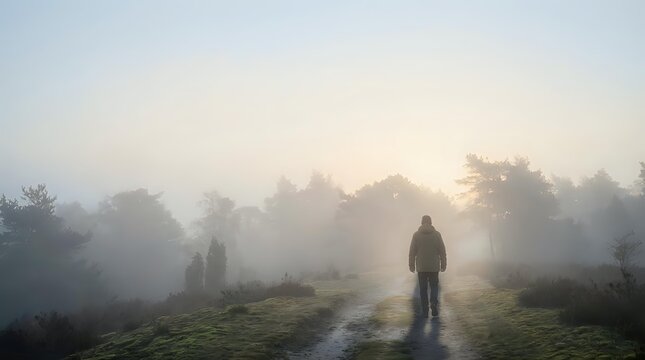 Silhouette of person walking on misty rural path at dawn with dramatic sunlight breaking through fog and trees creating atmospheric countryside scene.