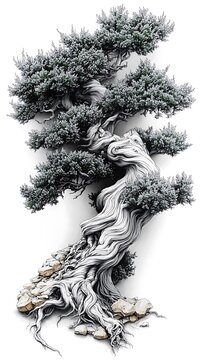 Intricate twisted tree roots with detailed bark texture, isolated on white background, twisted roots