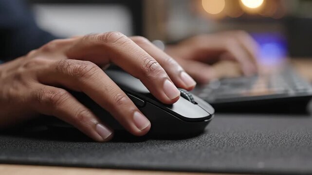 Close-up of Hands Using Computer Mouse and Keyboard