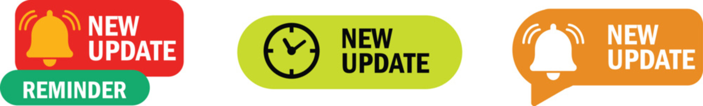 new update notification icons with alarm clock and speech bubbles on green background
