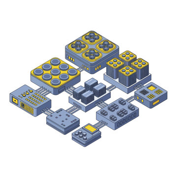 Isometric Digital Technology Components Connected Network System.