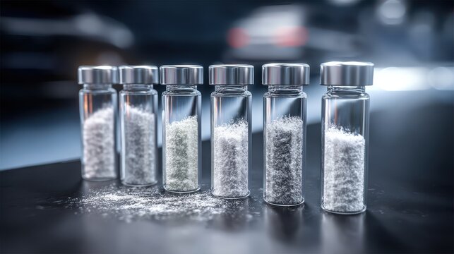 Clear glass vials filled with fine crystalline powder in a laboratory setting, showcasing scientific research and analysis.
