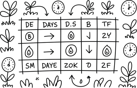 Hand drawn planner table with plant and clock sketches for time management and organizing daily tasks