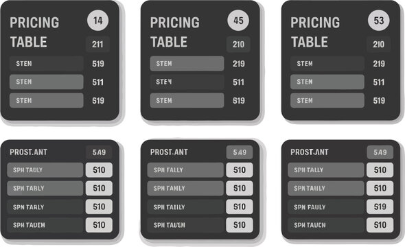 Modern dark interface templates featuring organized pricing tables with numerical data and various text labels included