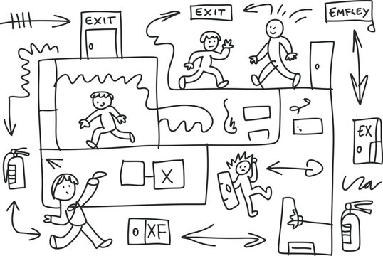 People running toward emergency exit signs in a complex maze of corridors and safety fire equipment