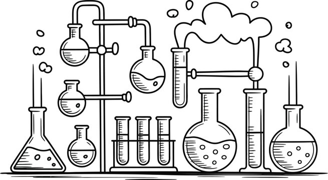 Set of glass laboratory equipment for scientific experiments including flasks and test tubes with bubbling liquid