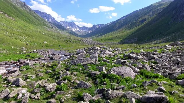 Aerial Kackar Mountains Turkey valley stream and green meadows open across treeless alpine terrain. Glacial basin, grassy slopes, broad uplands define a remote highland landscape with freshness.