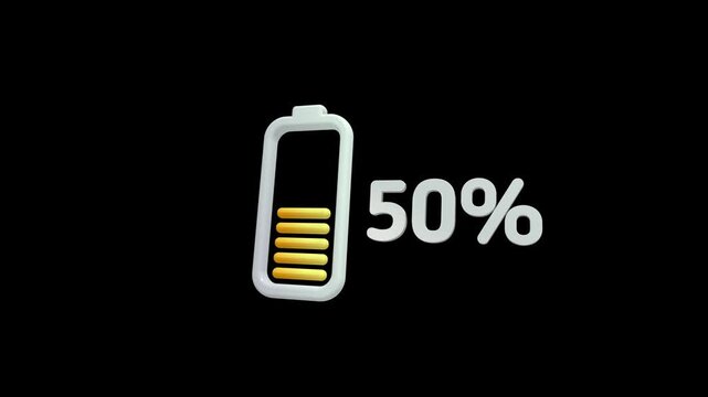 3D animation of battery charging at 100 percent with glowing green level indicator. Modern energy and power status concept on dark background.