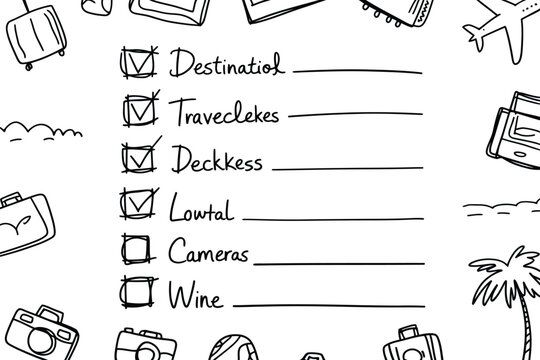 Hand drawn checklist for summer vacation planning with various travel items and holiday accessories surrounding it