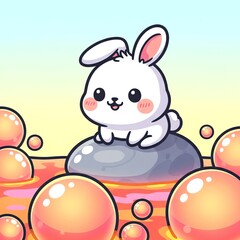 Fototapeta premium Cute Bunny on Rock in Bubble Bath.
