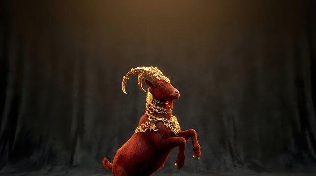 Fierce red dragon creature with golden horns breathing fire in dark atmospheric fantasy setting for gaming and entertainment projects.