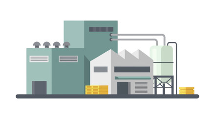 Naklejka premium Industrial factory building with multiple structures and storage tanks.