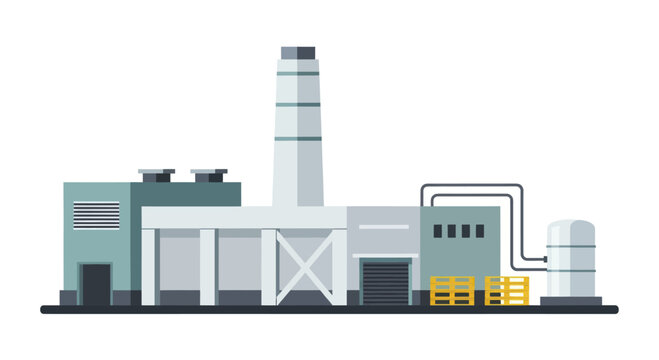 Industrial factory building with smokestack and storage tanks.