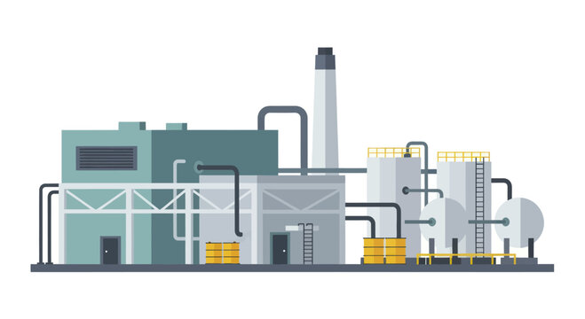 Industrial factory building with smokestack and storage tanks producing goods.
