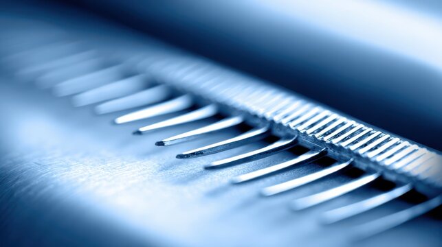Close-up view of sterile surgical staples arranged in a medical dispenser, showcasing precision and healthcare technology