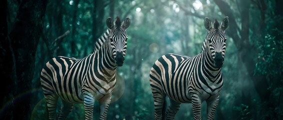 Fototapeta premium Two zebras standing in mystical forest with ethereal lighting and bokeh effects creating dreamy wildlife scene for nature photography and animal themed designs.