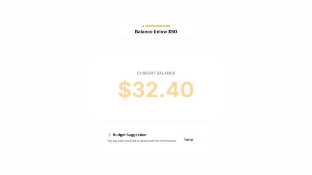 Mobile banking alert showing low balance below fifty dollars with budget suggestion and top up