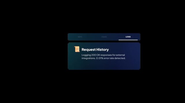 Developer dashboard animation showing endpoint access keys traffic monitor usage and request history logs