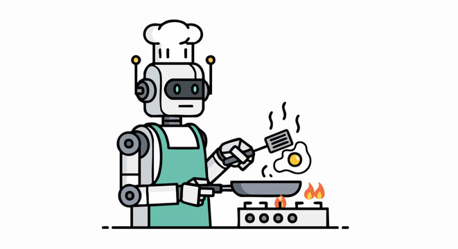 Robot chef cooking eggs on a stove with a spatula.