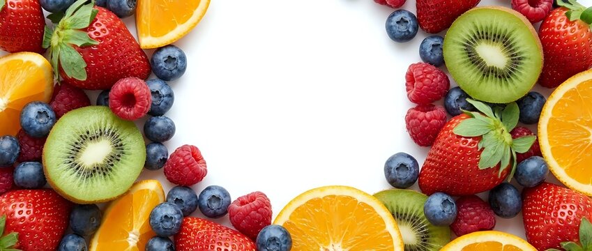 Fresh mixed berries and citrus fruits arranged in circular frame on white background creating colorful border for healthy eating and nutrition concepts.