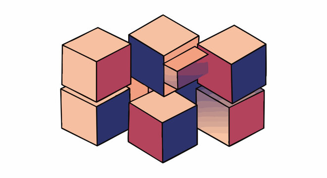 Abstract geometric arrangement of isometric cubes in a balanced composition.