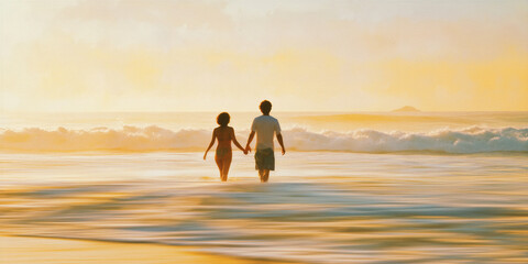 Fototapeta premium Romantic Getaway at Golden Hour | Couple Holding Hands in Ocean Waves